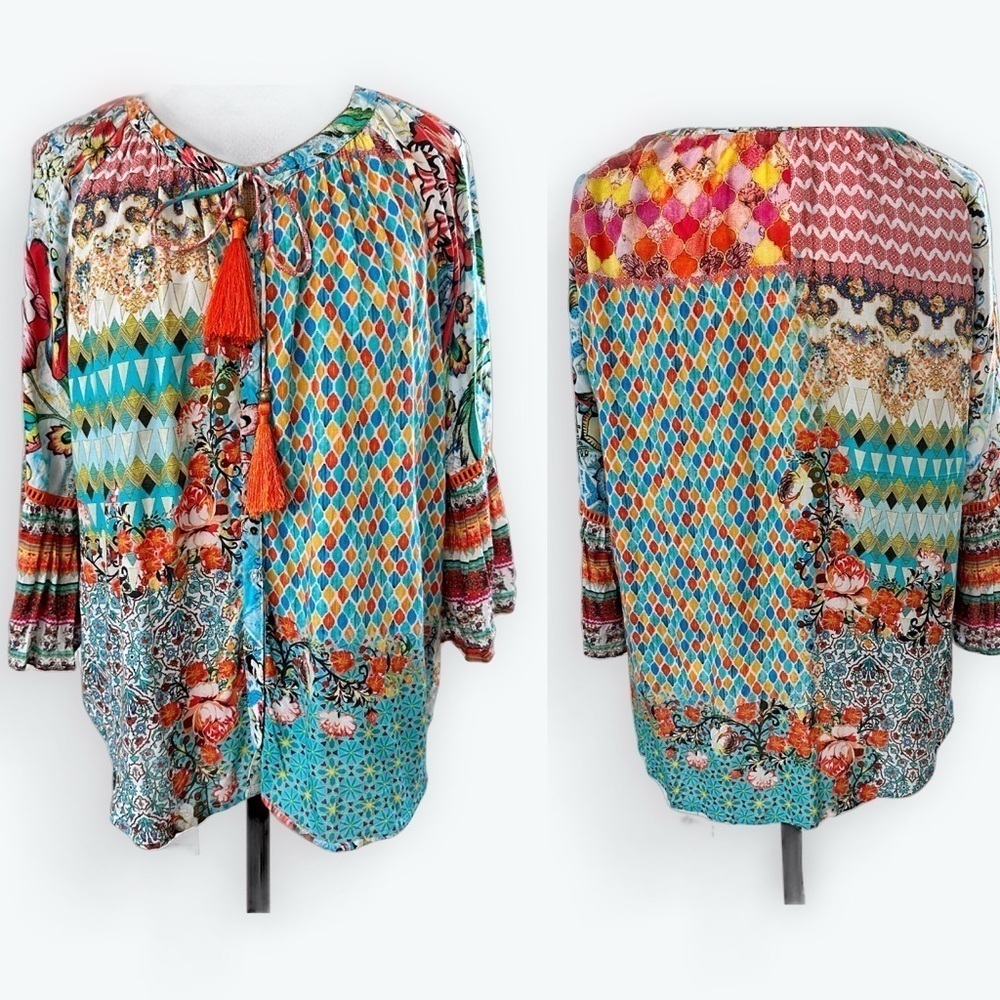 Lulalife Boutique Boho Oversized Colorful Lightweight Button Down Blouse Medium 